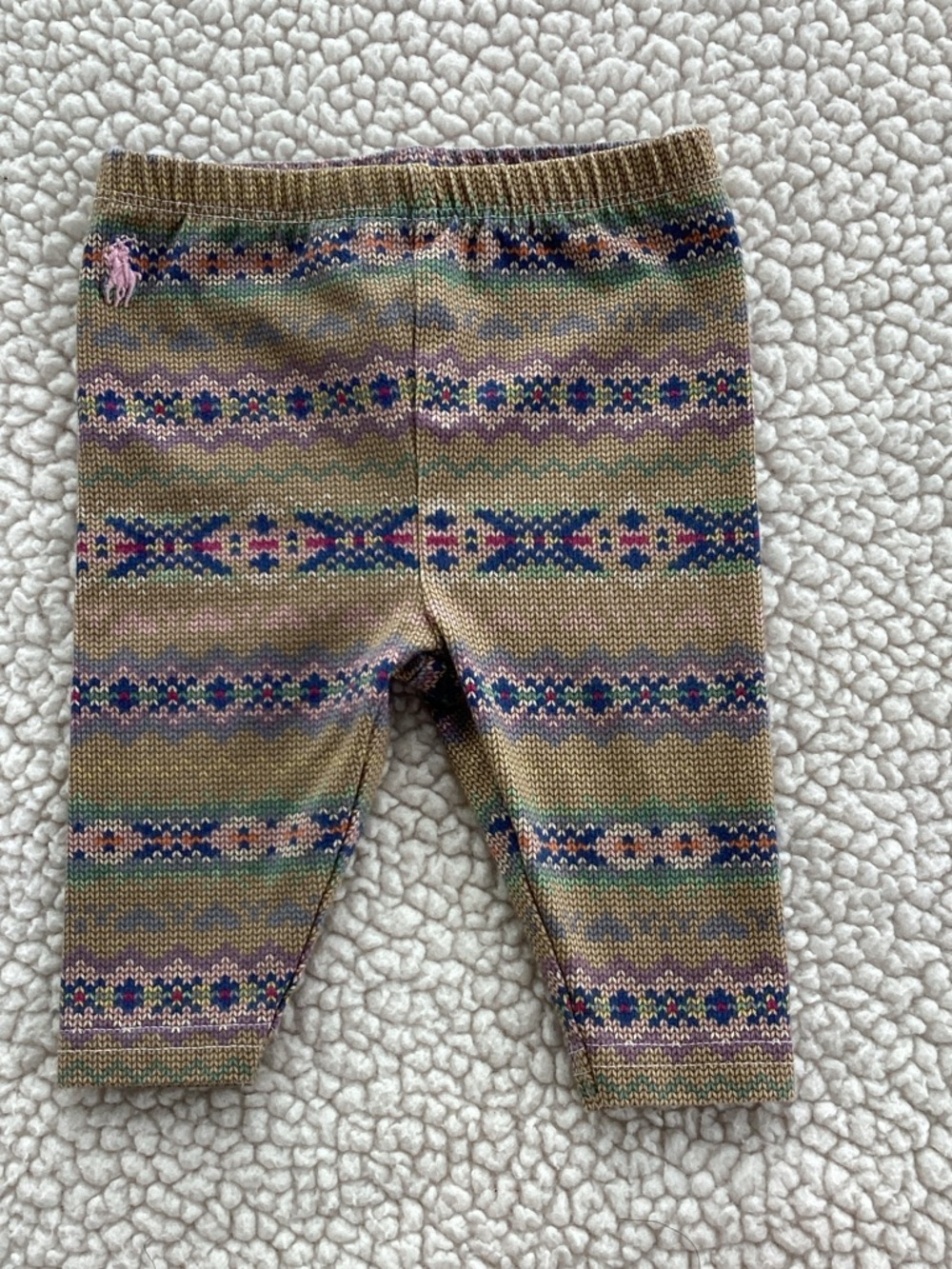 Ralph Lauren Tan Knit Fair Isle Baby Leggings with Pink Pony 3 Months EUC